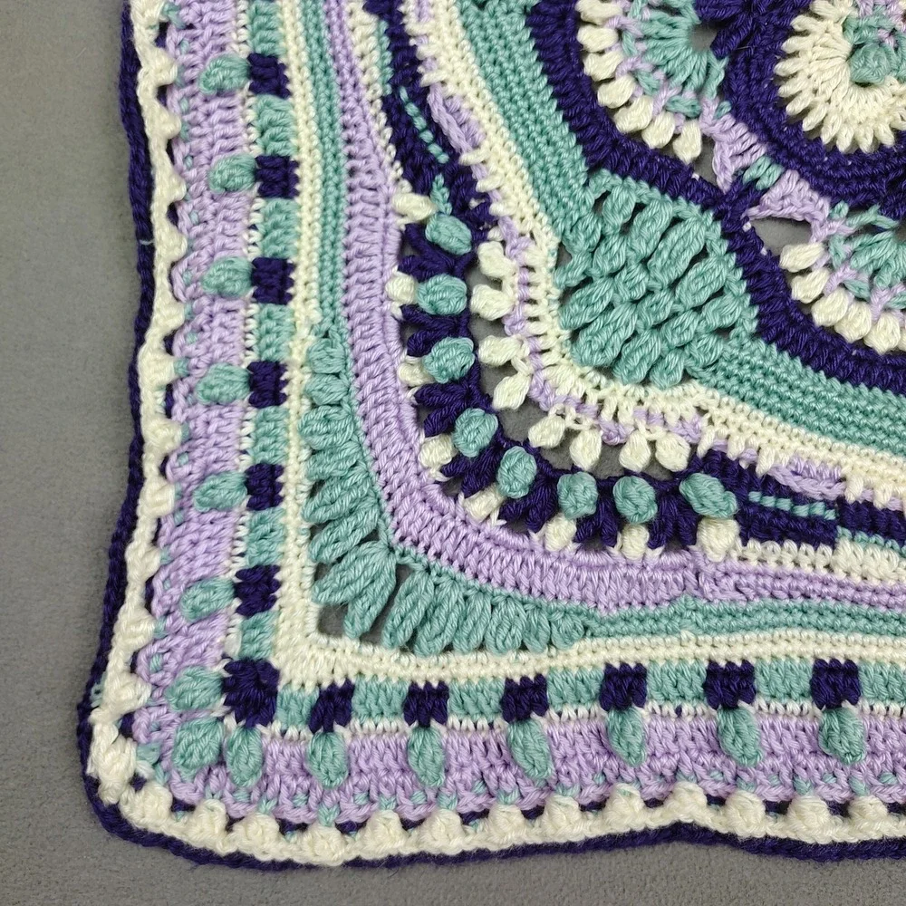 Vintage Handmade Crochet Baby Blanket Purple Blue 3-D Floral Design 32